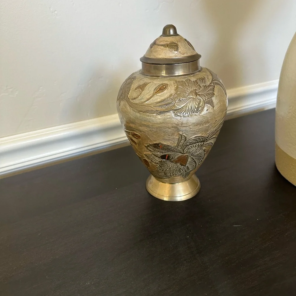 Floral enamel brass urn/vase - Picture 2 of 4